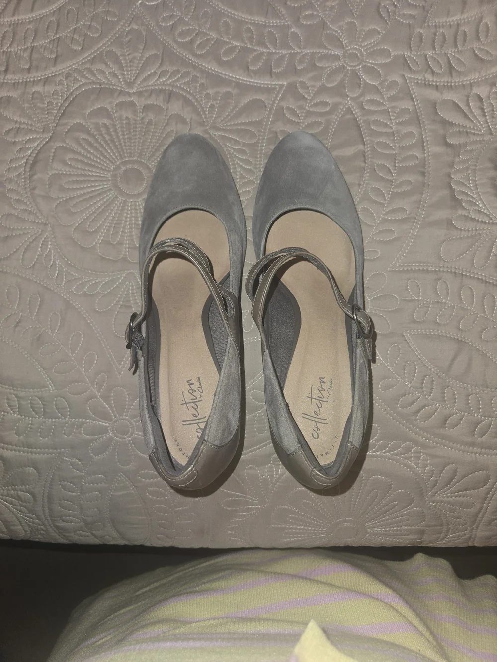 Clarks Gray Suede Mary Jane Flats with Buckle Strap